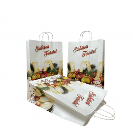 Punga cadou hartie , Sacosa cadou hartie, 25x11x35 cm, model CRACIUN GLOBURI, set 10 bucati